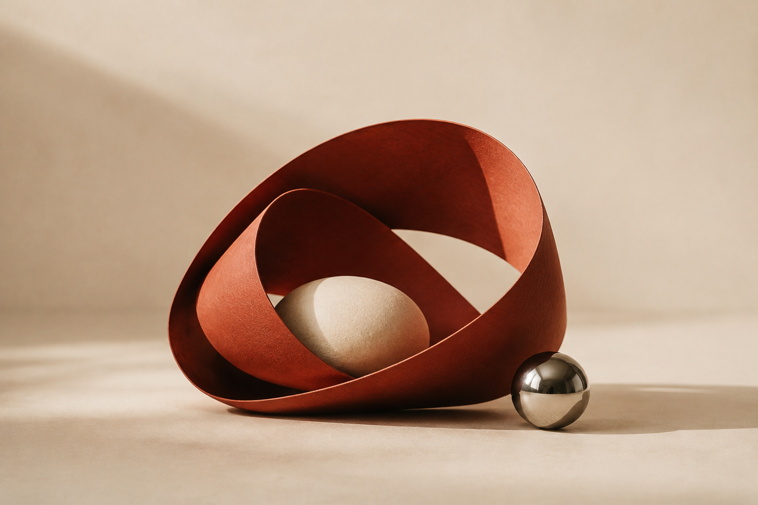 A red sculptural paper loop surrounding a pale stone, beside a reflective sphere